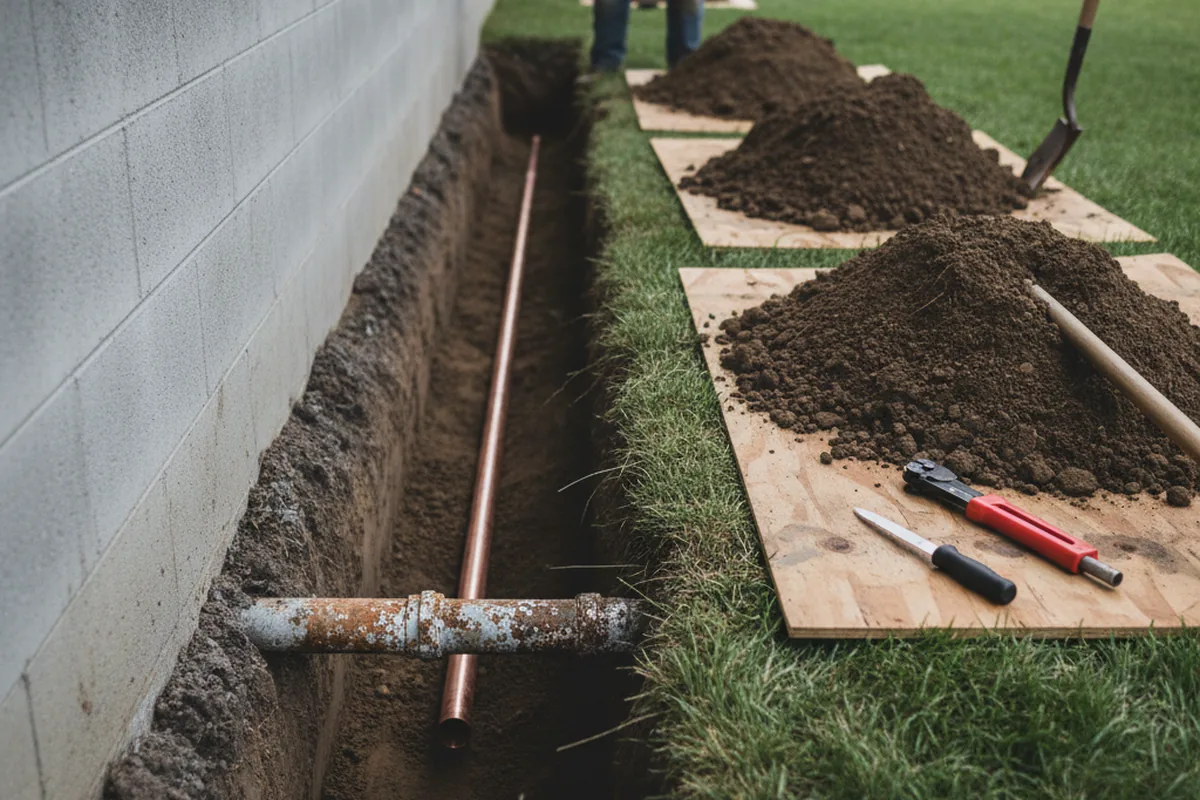 Excavated water line trench during Water Heater Repair in Lowell